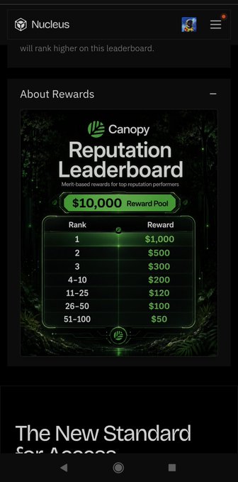 A mobile app screenshot from 'Nucleus' displays a 'Canopy Reputation Leaderboard' with a $10,000 reward pool and a tiered ranking system starting at $1,000 for rank 1.