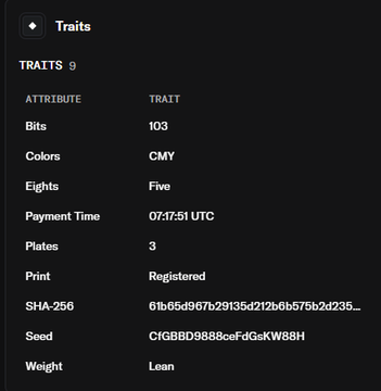 A dark-themed digital interface displaying 'Traits' for an NFT, listing details like Bits (103), Colors (CMY), Eights (Five), Payment Time (07:17:51 UTC), and a SHA-256 hash.