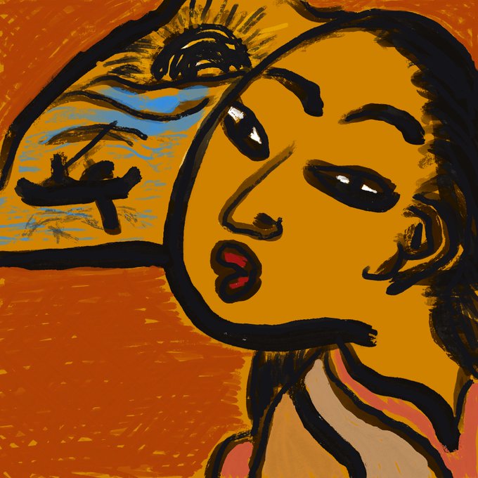 A stylized illustration of a person with yellow-orange skin tones looking sideways against a warm orange and blue background, with a small boat scene visible in the upper left corner.