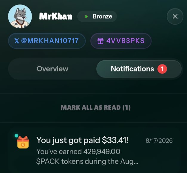 A notification screen from a Crypto.com-style app showing user MrKhan (Bronze tier) receiving a notification: 'You just got paid $33.41! You've earned 429,949.00 $PACK tokens during the Aug...' dated 8/17/2026.