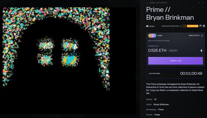 A screenshot of the Long Live Saturn NFT marketplace showing an artwork titled 'Prime //' by Bryan Brinkman, which appears to be a colorful pixelated depiction of a face, currently with a bid of 0.525 ETH and 00:01:00:48 remaining in the auction.
