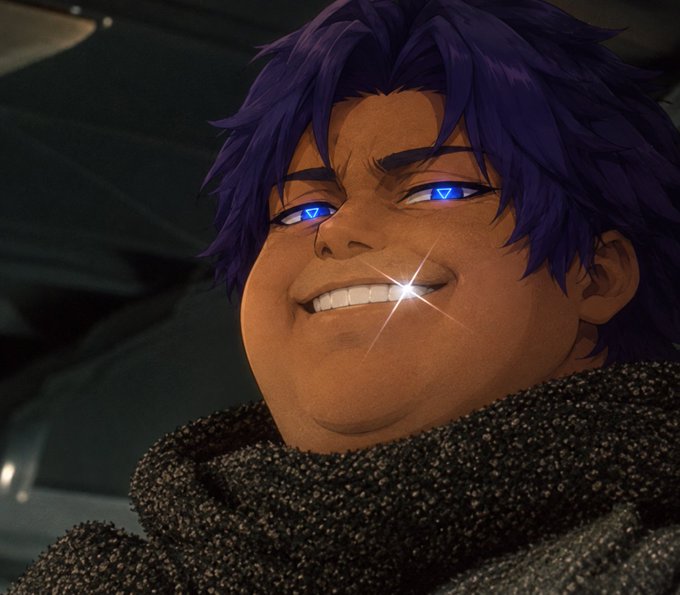 A 3D-rendered character portrait of a man with purple hair, glowing blue eyes, and a wide smile, wearing a chainmail-like scarf.