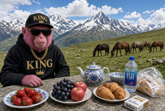 A pink monkey wearing a black 'KING' cap, sunglasses, and a 'KING' hoodie sits at a picnic table with strawberries, grapes, apples, croissants, a teapot, FIJI water, and Marlboro cigarettes, with horses and snowy mountains in the background.