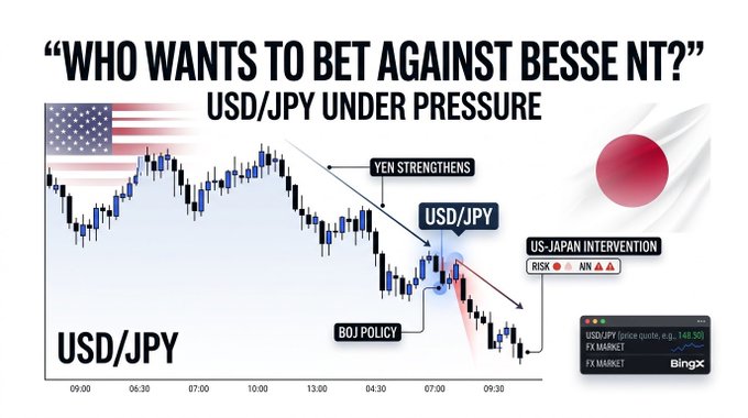 The image displays a USD/JPY candlestick chart showing yen strengthening against the dollar, featuring annotations for "YEN STRENGTHENS," "BOJ POLICY," and "US-JAPAN INTERVENTION" (risk on BingX at 149.50), set against American and Japanese flags.

It visually reinforces the post's bullish yen narrative—Bessent's "asymmetric information" on BOJ policy and coordinated US-Japan intervention—suggesting traders should be looking to short USD/JPY despite the Treasury Secretary's tough stance.