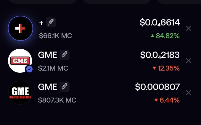 A cryptocurrency tracking interface displays three tokens, including GME at $0.000807 with $807.3K market cap, and another GME variant at $0.0002183 with $2.1M market cap, both showing percentage changes.