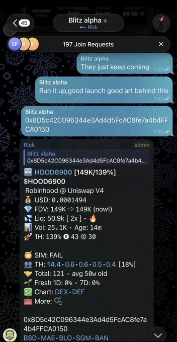 Telegram chat screenshot from 'Blitz alpha' channel with admin 'Rick' sharing crypto token info including address 0x8D5c42C096344e3Ad4d5FcAC8fe7a4b4FFCA0150, FDV 149K, and Uniswap V4 listing.