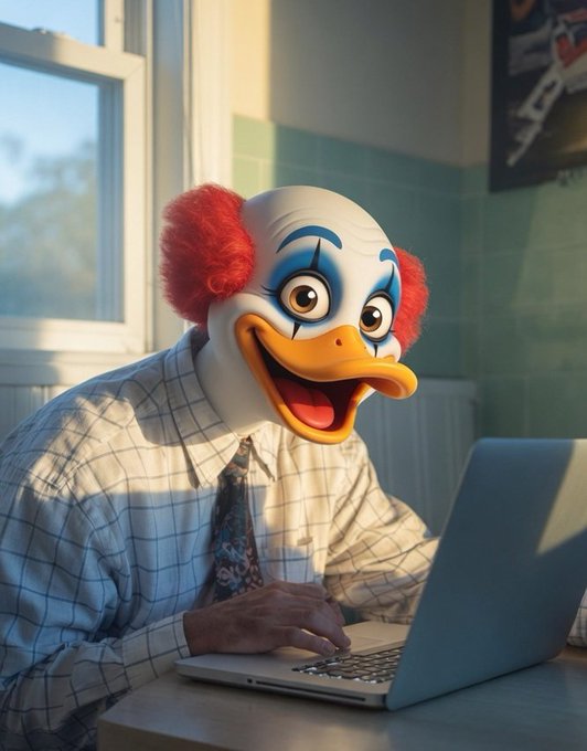 The image features a man wearing a clown mask sitting at a desk with an open laptop computer. The man appears to be working or browsing, possibly for Quackers Midweek on @wallchain. The scene suggests that the man might be taking a break from his work or leisure activities and using the time to engage in some online content related to the Quackers Midweek series.