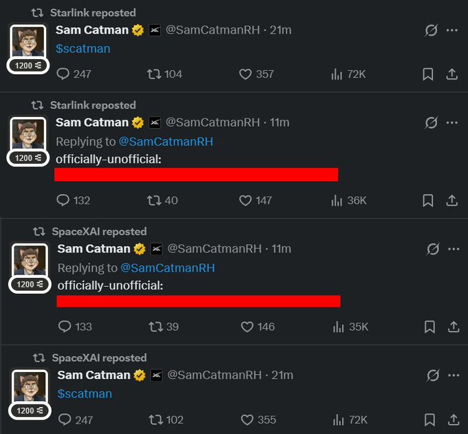 A screenshot of Twitter/X posts by 'Sam Catman' (@SamCatmanRH) that have been reposted by 'Starlink' and 'SpaceXAI', with the tweet content redacted in red.
