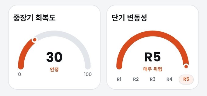 Two Korean gauge graphics display '중장기 회복도' (Mid-to-long-term recovery) at 30 (안전/Safe) and '단기 변동성' (Short-term volatility) at R5 (매우 위험/Very dangerous).