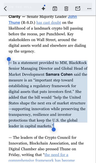 A news article screenshot titled 'ON THE HILL' discussing Senate Majority Leader John Thune casting doubt on a landmark crypto bill, featuring a quote from BlackRock's Samara Cohen about establishing a regulatory framework for digital assets.