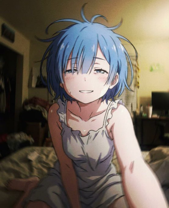 An anime-style illustration of a blue-haired character with a gentle expression, wearing a white tank top, in a softly lit bedroom setting.
