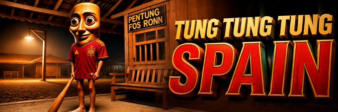A character in a red soccer jersey stands outside a traditional building at night, next to a sign reading "PENTUNG FOS RONN" and large stylized text declaring "TUNG TUNG TUNG SPAIN," serving as a playful banner image for the Solana token $TRIPLESP on Moby.