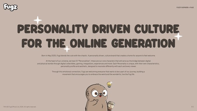 A webpage header for "Fugz" displaying "PERSONALITY DRIVEN CULTURE FOR THE ONLINE GENERATION" alongside a cute cartoon character holding a coffee cup, with body text explaining the brand launched in May 2025 featuring 12 "Personalities."