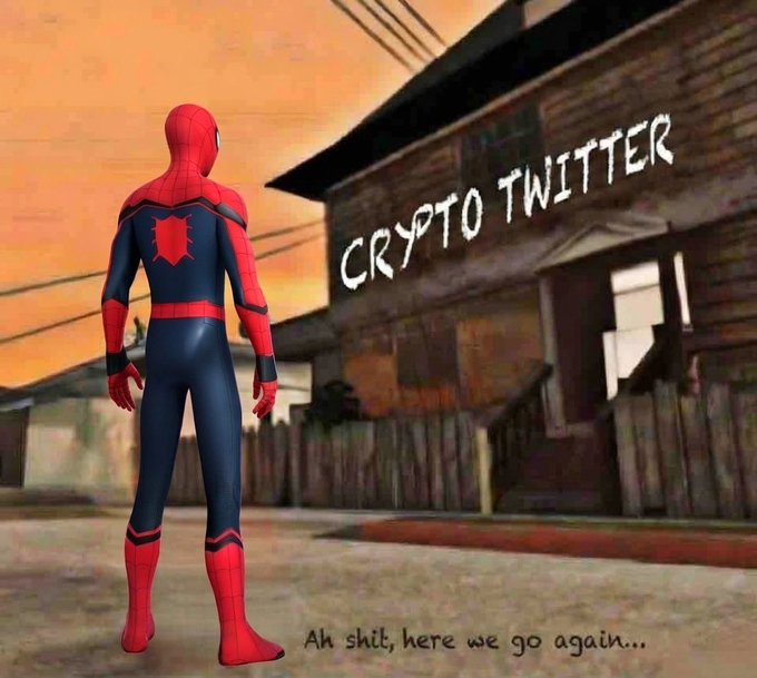 The image features a Spiderman character standing in front of an old house, with the text "Crypto Twitter" written above him. The Spiderman character appears to be looking at the house, possibly contemplating whether or not to enter it. Below the Spiderman figure, there is a caption that reads "AH shit, here we go...". This suggests that the image might be related to a social media post about Cryptocurrency or Bitcoin, as indicated by the text above the Spiderman character.