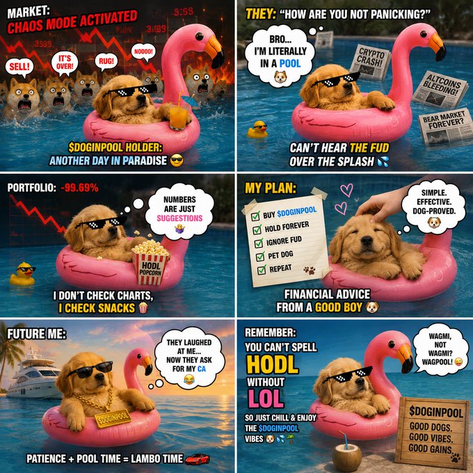A six-panel meme featuring a golden retriever puppy named '$DOGINPOOL' on a pink flamingo float, with humorous commentary about crypto markets including 'CHAOS MODE ACTIVATED', 'I'M LITERALLY IN A POOL', and 'HODL POPCORN'.