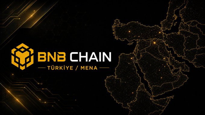 A sleek promotional graphic featuring the BNB Chain logo alongside the text "BNB CHAIN — TÜRKİYE / MENA —" against a dark background with a stylized gold map highlighting the Türkiye and MENA regions, visually reinforcing the ambassador role announcement for the region.