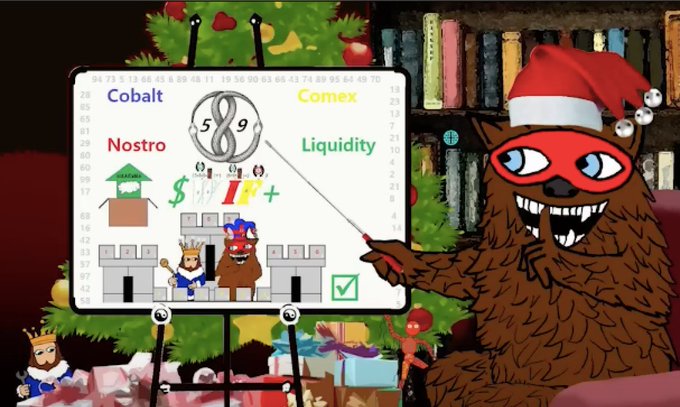 A cartoon yeti wearing a Santa hat and red mask points to a whiteboard displaying the words "Cobalt," "Comex," "Nostro," and "Liquidity" with currency symbols and a checkmark, alongside a castle illustration featuring crowned figures. The image relates to the post about Swift and DTCC consolidating systems "all at once" in connection with XRP, symbolizing a synchronized global liquidity shift toward the $XRP token.