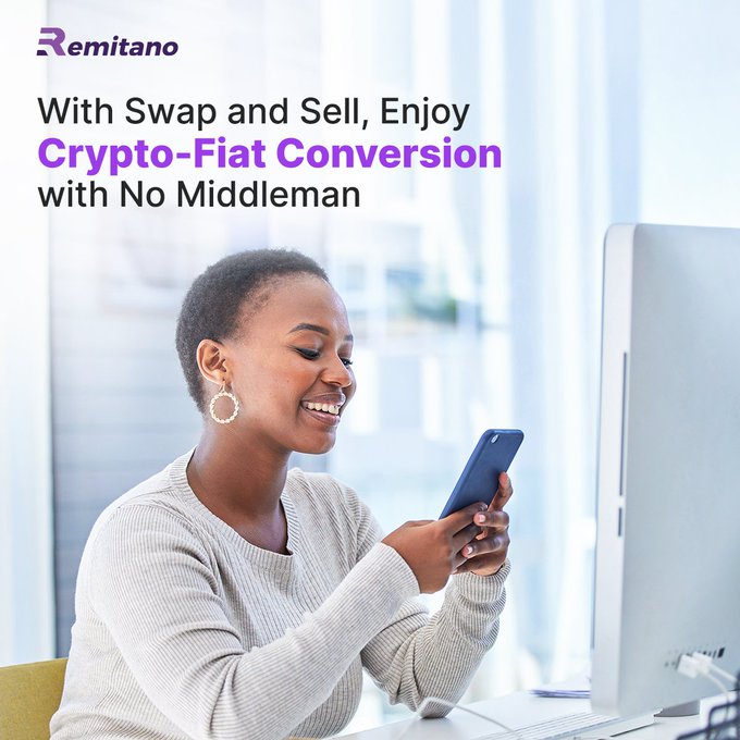 An advertisement for Remitano featuring a smiling woman using her phone, with the text 'With Swap and Sell, Enjoy Crypto-Fiat Conversion with No Middleman.'