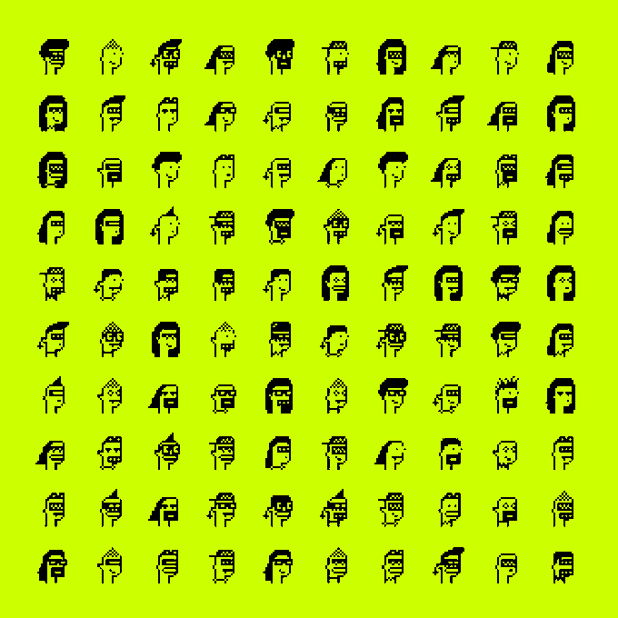 A neon yellow background covered with rows of small black pixel-art character sprites with varied hairstyles and expressions.