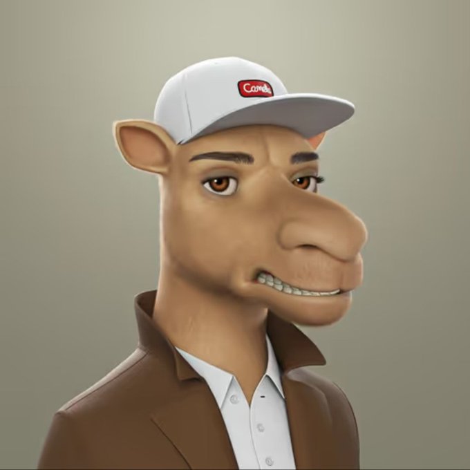 A 3D-rendered cartoon camel wearing a white cap and brown jacket smiles slightly against a neutral background.