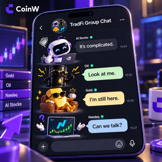 A promotional image for 'CoinW' showing a smartphone displaying a 'TradFi Group Chat' where AI characters representing AI Stocks, Oil, Gold, and Nasdaq exchange messages like 'It's complicated' and 'Can we talk?'