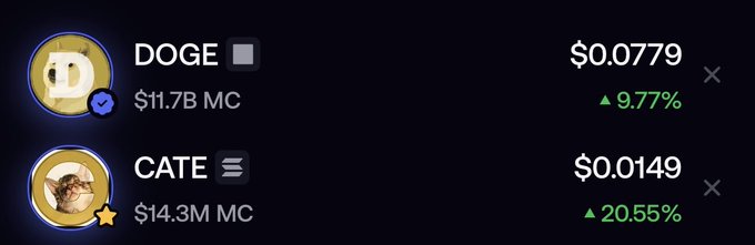 The image displays crypto price data showing DOGE at $0.0779 with a $11.7B market cap (up 9.77%) and CATE at $0.0149 with a $14.3M market cap (up 20.55%), illustrating the massive market cap gap that would need to be overcome for CATE to "flip" DOGE.