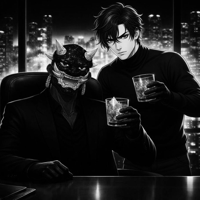 A black and white anime-style illustration showing two characters: one wearing an oni/demon mask in a suit holding a glass, and another with messy dark hair in a turtleneck also holding a glass, against a nighttime city skyline.