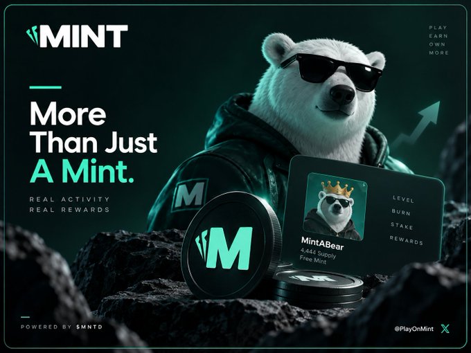 A promotional banner for MINT featuring a white bear wearing sunglasses with text "More Than Just A Mint," "REAL ACTIVITY REAL REWARDS," and "POWERED BY $MNTD."