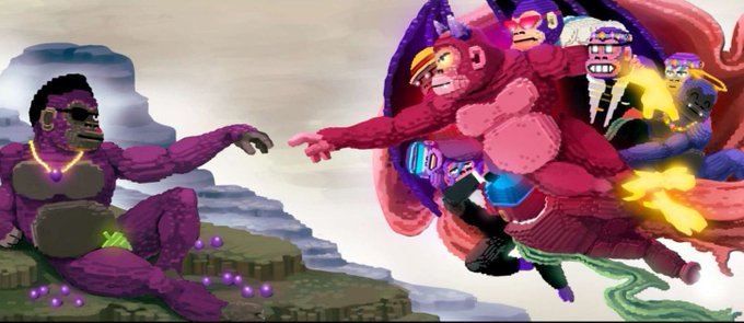 A pixel-art gorilla wearing sunglasses and a gold chain lounges on a cliff, reaching toward a surreal group of masked, colorful gorilla figures emerging from a swirling portal—evoking the evolution from primitive, static PFPs to the more dynamic, narrative-driven on-chain characters that CyberKongz's DUMPSTR mechanics represent.