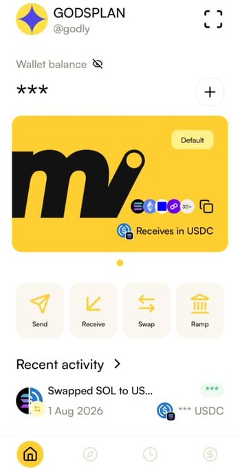 A mobile wallet app screenshot for 'GODSPLAN @godly' showing a MasterView (mv) card that 'Receives in USDC', with action buttons for Send, Receive, Swap, and Ramp, and recent activity showing 'Swapped SOL to US...' on 1 Aug 2026.