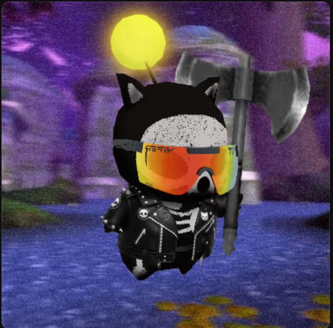 A 3D cartoon-style black cat character wearing orange ski goggles and a studded black leather jacket, holding a large double-bladed axe in a dark fantasy setting.