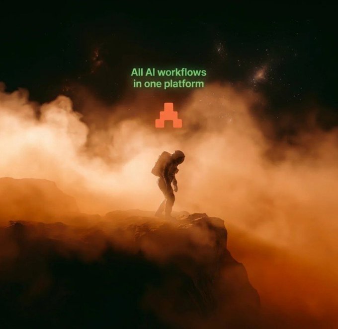 A person in a spacesuit stands on a rocky peak in a foggy, orange-tinted landscape under a starry sky, with the text "All AI workflows in one platform" and an orange pixelated logo floating above.