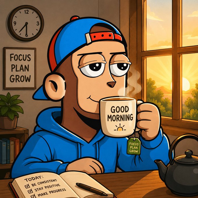 A cartoon monkey wearing a blue backwards cap and hoodie drinks from a 'GOOD MORNING' mug at a desk, with 'FOCUS PLAN GROW' visible on a framed sign, a teapot, and a to-do list reading 'TODAY: BE CONSISTENT, STAY POSITIVE, MAKE PROGRESS'.