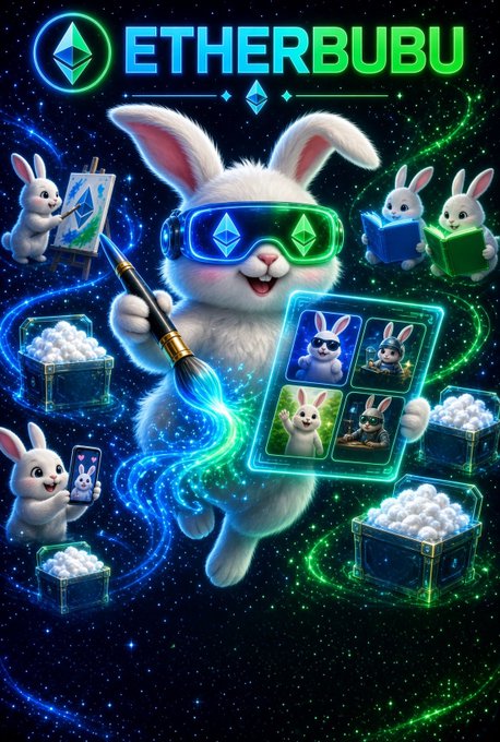 Promotional graphic for 'ETHERBUBU' showing a white rabbit character wearing glowing green goggles, surrounded by other rabbits, Ethereum logos, and digital artwork.