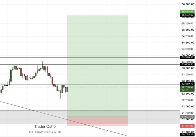 A Bitcoin ($BTC) scalp trade setup chart showing key levels at 63,928.59 and 63,750.00, with a target zone marked in green up to 65,899.69 and a stop-loss area highlighted in red/pink around 61,000-61,243. The chart features a watermark "Trader Osho" and "TELEGRAM access in BIO," illustrating a short-term bullish scalp opportunity with defined entry, exit, and risk parameters.