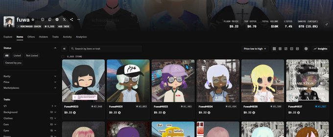 Screenshot of a NFT marketplace profile for 'fuwa' showing a collection of 8-bit style avatar NFTs priced at approximately $9.22 each with various traits listed.