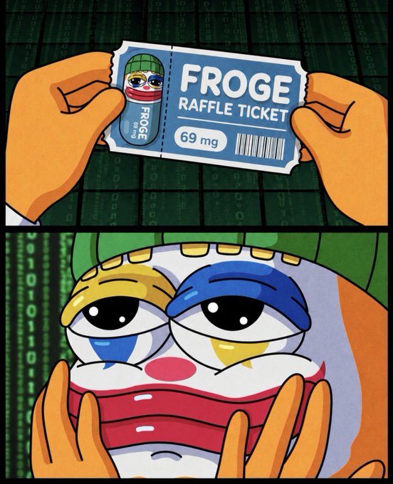 A comic strip features a clown with blue eyes, red nose, and green hat holding a ticket to "Frog" Raffle Ticket 69mg, while another hand holds the ticket.