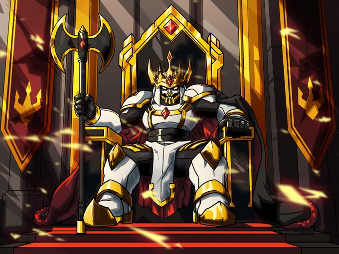 An anime-style illustration of a powerful armored king or demon lord wearing white and gold armor with a crown, seated on an ornate throne while holding a large double-bladed axe. Red banners flank the throne and sparks float in the air.