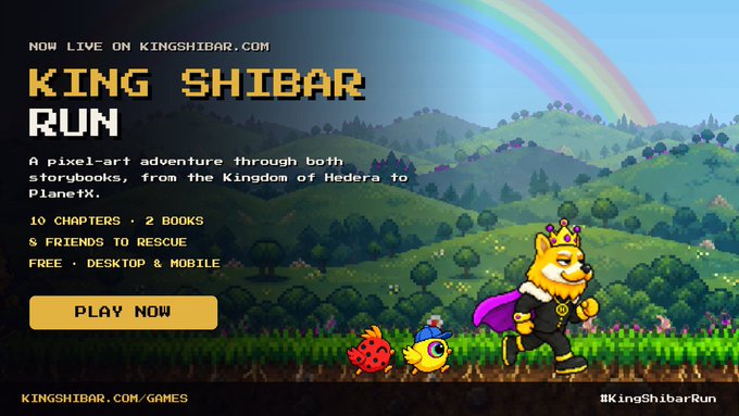 A promotional banner for the pixel-art game 'KING SHIBAR RUN' available on kingshibar.com, featuring a dog king character running across a landscape.