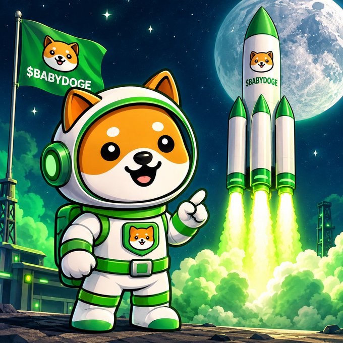 A cartoon Shiba Inu dog in a white and green astronaut suit points forward, accompanied by a green flag and rocket labeled '$BABYDOGE' against a space backdrop with the moon.