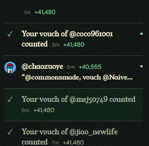 A dark-themed social media notification feed showing vouch confirmations for users @coco961001, @mejo5749, and @jiao_newlife with +41,480 point rewards.