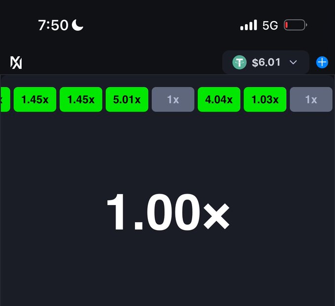 A mobile betting app displays a current multiplier of 1.00× with recent rounds showing 1.45x, 1.45x, 5.01x, 1x, 4.04x, 1.03x, and 1x, while the balance reads $6.01—aligning with the caption "Balance $6."