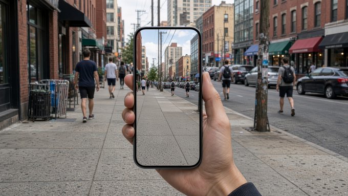 A hand holds a smartphone in the foreground, showing a camera view of a city street with pedestrians and buildings.