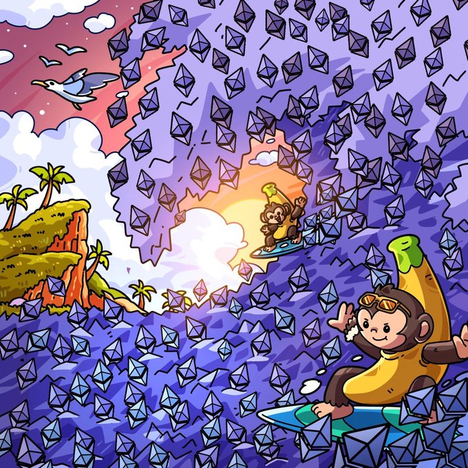A vibrant illustration depicts two monkeys wearing banana suits and sunglasses surfing through waves of purple Ethereum diamond logos, with one monkey holding a glowing green lantern emerging from a sunrise in a tropical seascape. The image playfully visualizes the post's message of Ethereum's 11th birthday, using the monkeys as mascots symbolizing resilience and adventure while "surfing the waves" of crypto market trends and "eating every meta" through the endless sea of ETH tokens.
