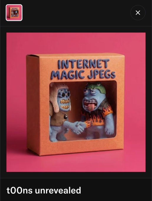 A product image showing a toy box labeled 'INTERNET MAGIC JPEGS' containing two cartoonish figures shaking hands, set against a pink background with 'tOOns unrevealed' text below.