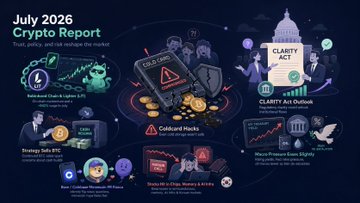 A July 2026 Crypto Report infographic featuring a U.S. Capitol dome, a "Clarity Act" building, and various illustrations including "Coldcard Hacks," "Strategy Sells BTC," "Micro Finance Loan Rights," and "Robinhood Chain & Uphold $ XPL," summarizing key weekly insights on crypto market developments.
