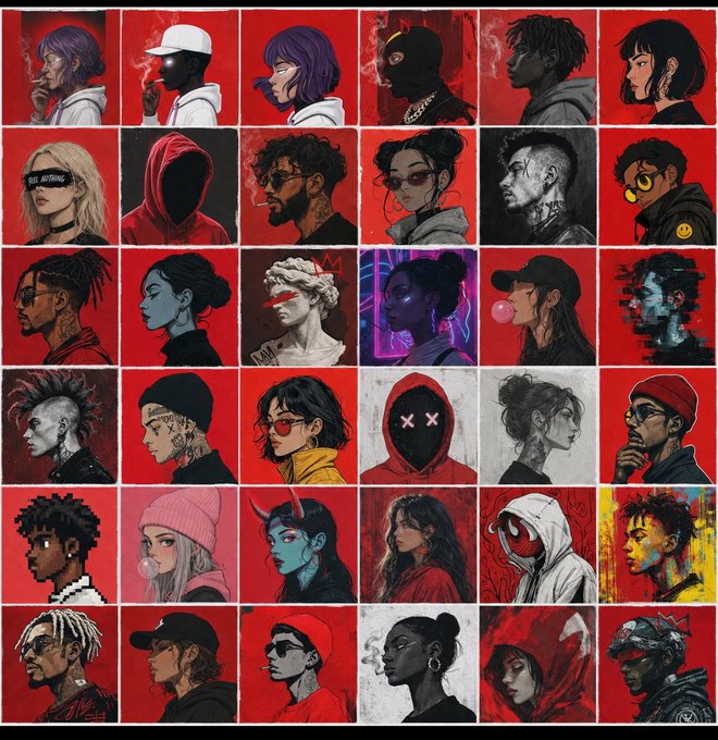 A grid collection of stylized character portrait illustrations in a red, dark, and urban art style featuring various hooded figures and street-style characters.