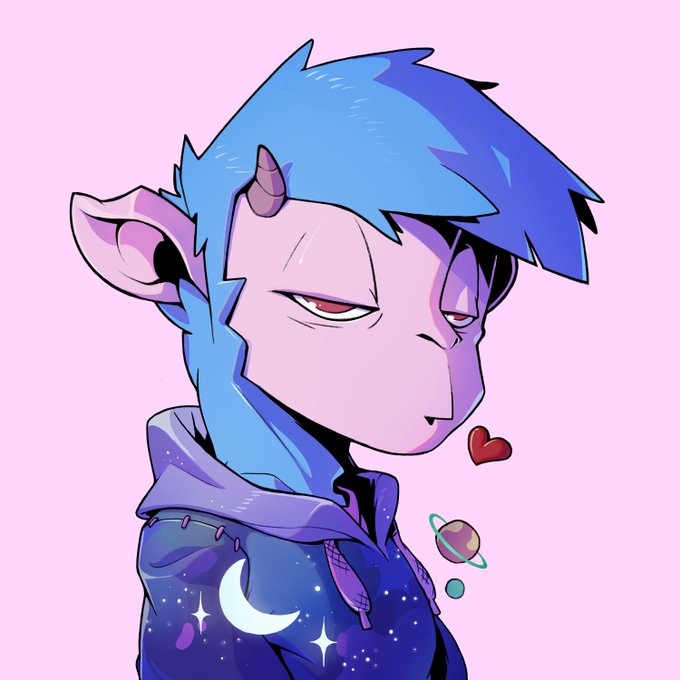 A multicolored goat-like humanoid character with blue fur, horns, and pink ears wears a galaxy-patterned hoodie featuring a crescent moon and stars, set against a pink background with small planet and heart icons floating nearby—matching the rare "Galaxy Hoodie" NFT referenced in the @GoatsOfSolana post.