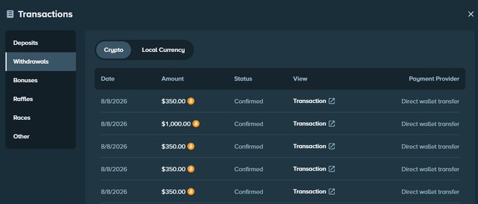 A transactions page displays the withdrawals tab with five confirmed payouts dated 8/8/2026—four $350.00 transactions and one $1,000.00 transaction—all processed via direct wallet transfer, corresponding to Batch #86 of the $2,400 total BTC giveaway payouts.