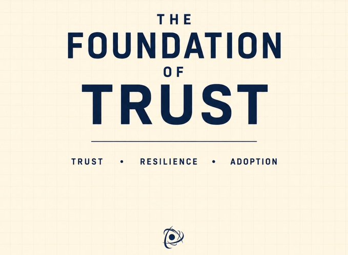The image features a white background with black text, which reads "The Foundation of Trust" at the top followed by three bullet points that explain the concept of trust within the context of blockchain technology. The first point emphasizes the importance of trust in building a successful blockchain network, while the second and third points discuss how to create an infrastructure that people can rely on for the long term.